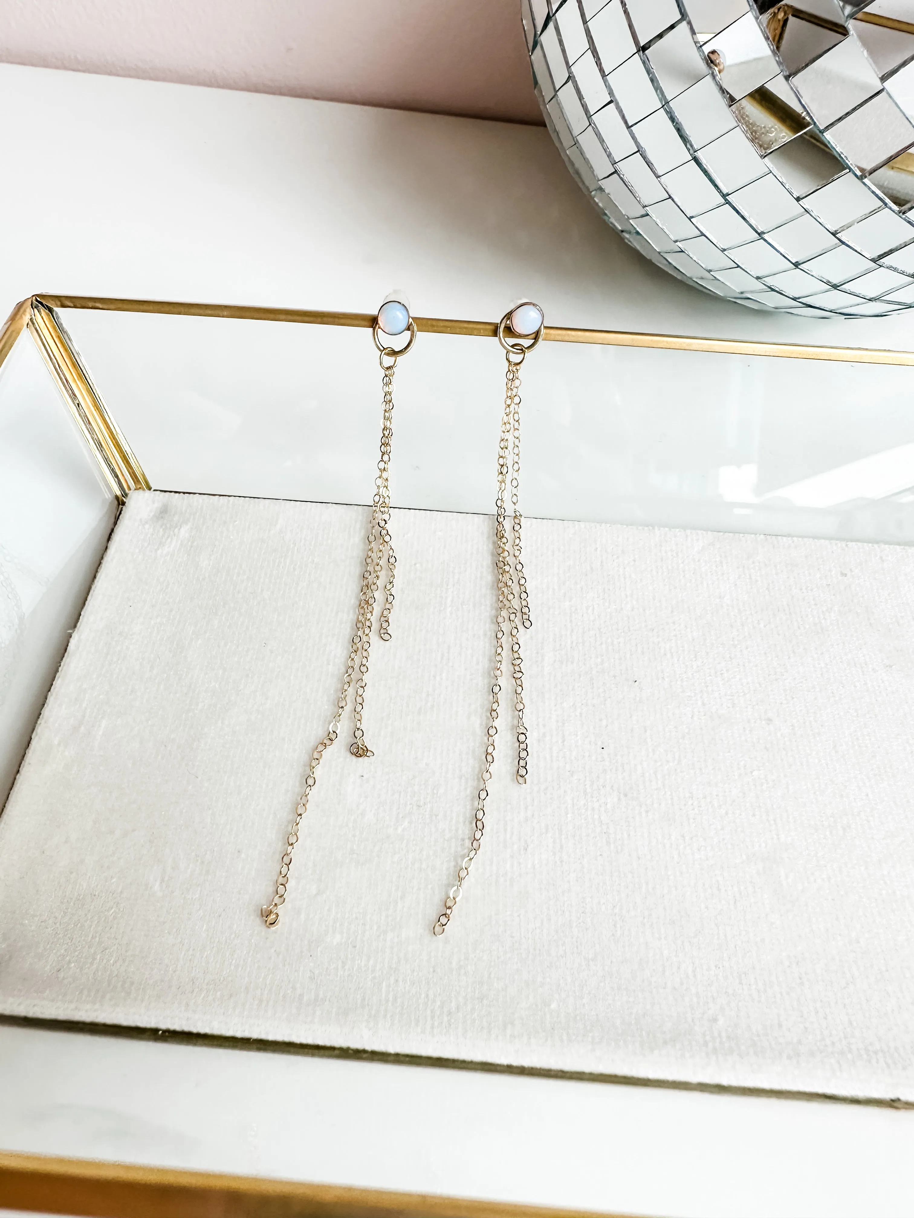 Gold Moonstone Glitter Fringe Earrings