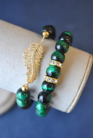 GREEN TIGER EYE AND GOLD RHINESTONES STRETCHY BRACELETS SET