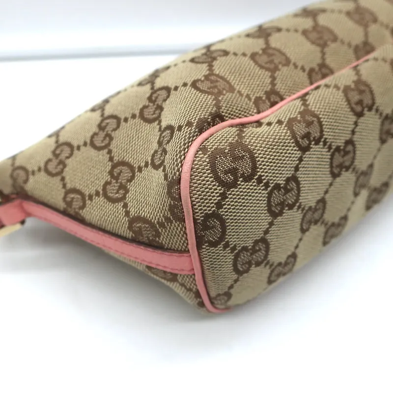 Gucci GG Boat Pochette Pink Leather-Trim Beige Canvas Mini Shoulder Bag
