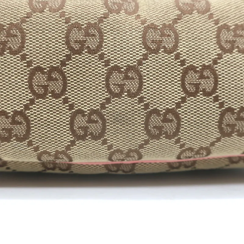 Gucci GG Boat Pochette Pink Leather-Trim Beige Canvas Mini Shoulder Bag