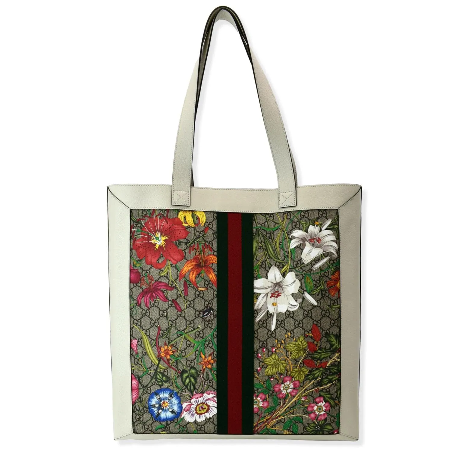 GUCCI Ophidia GG Flora Vertical Shopping Tote Bag White 519335