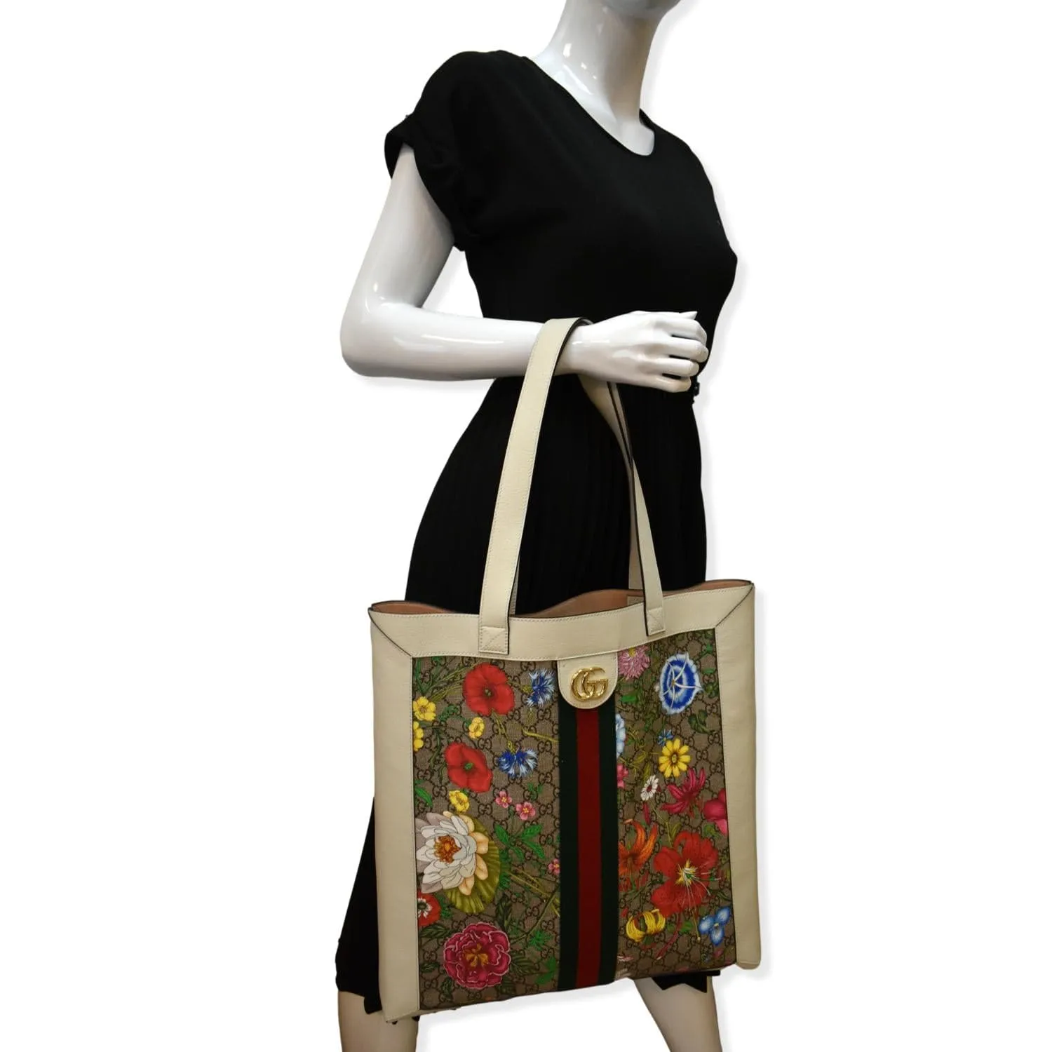 GUCCI Ophidia GG Flora Vertical Shopping Tote Bag White 519335