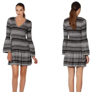 Hale Bob Black and Gray Stretchy Chevron Knit Dress