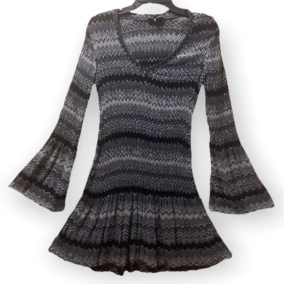 Hale Bob Black and Gray Stretchy Chevron Knit Dress