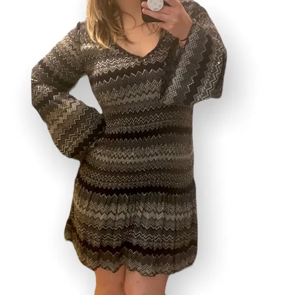 Hale Bob Black and Gray Stretchy Chevron Knit Dress