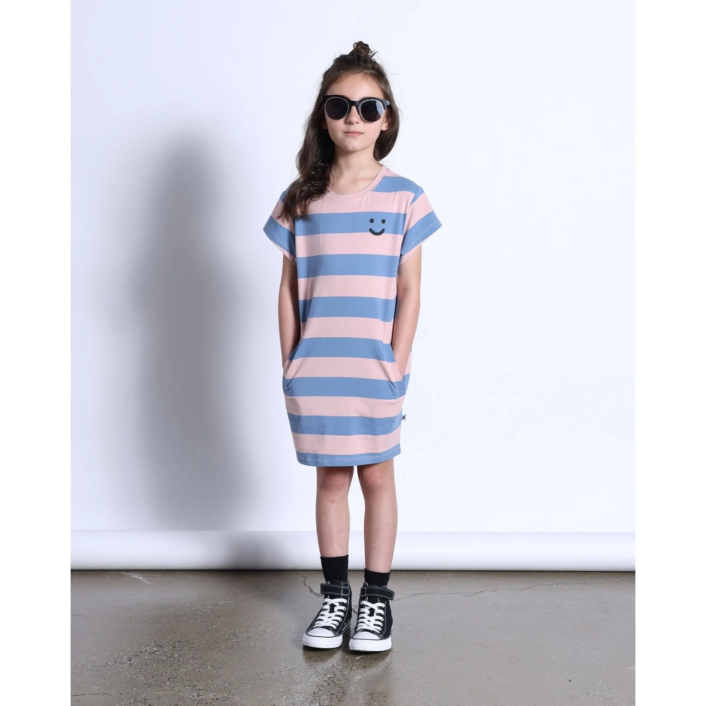 Happy Face Tee Dress- Muted Pink/Muted Blue
