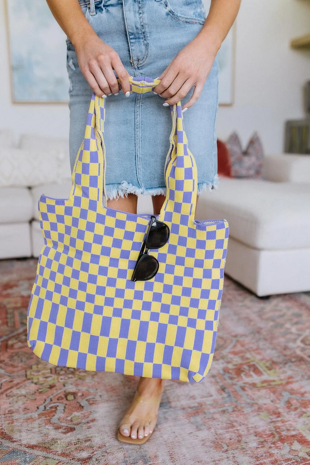 Hazel Blues® |  Checkerboard Lazy Wind Big Bag in Lilac & Yellow