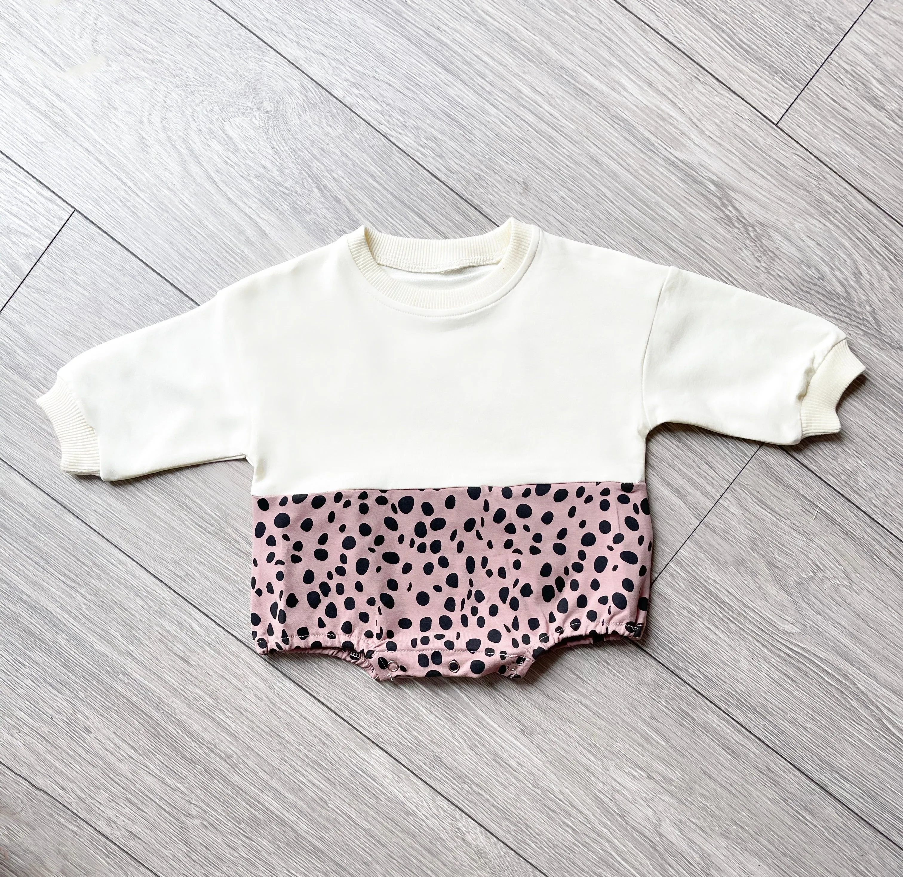 Ivory and mauve dot long sleeve romper (up to 2 years)