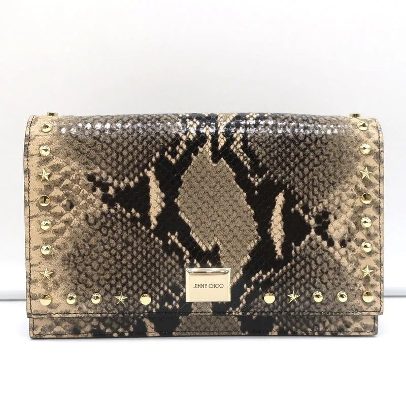 Jimmy Choo Lizzie Star-Studded Crossbody Sand Snakeskin Print Leather Clutch NEW