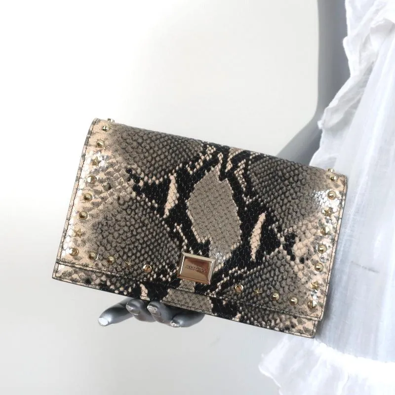 Jimmy Choo Lizzie Star-Studded Crossbody Sand Snakeskin Print Leather Clutch NEW