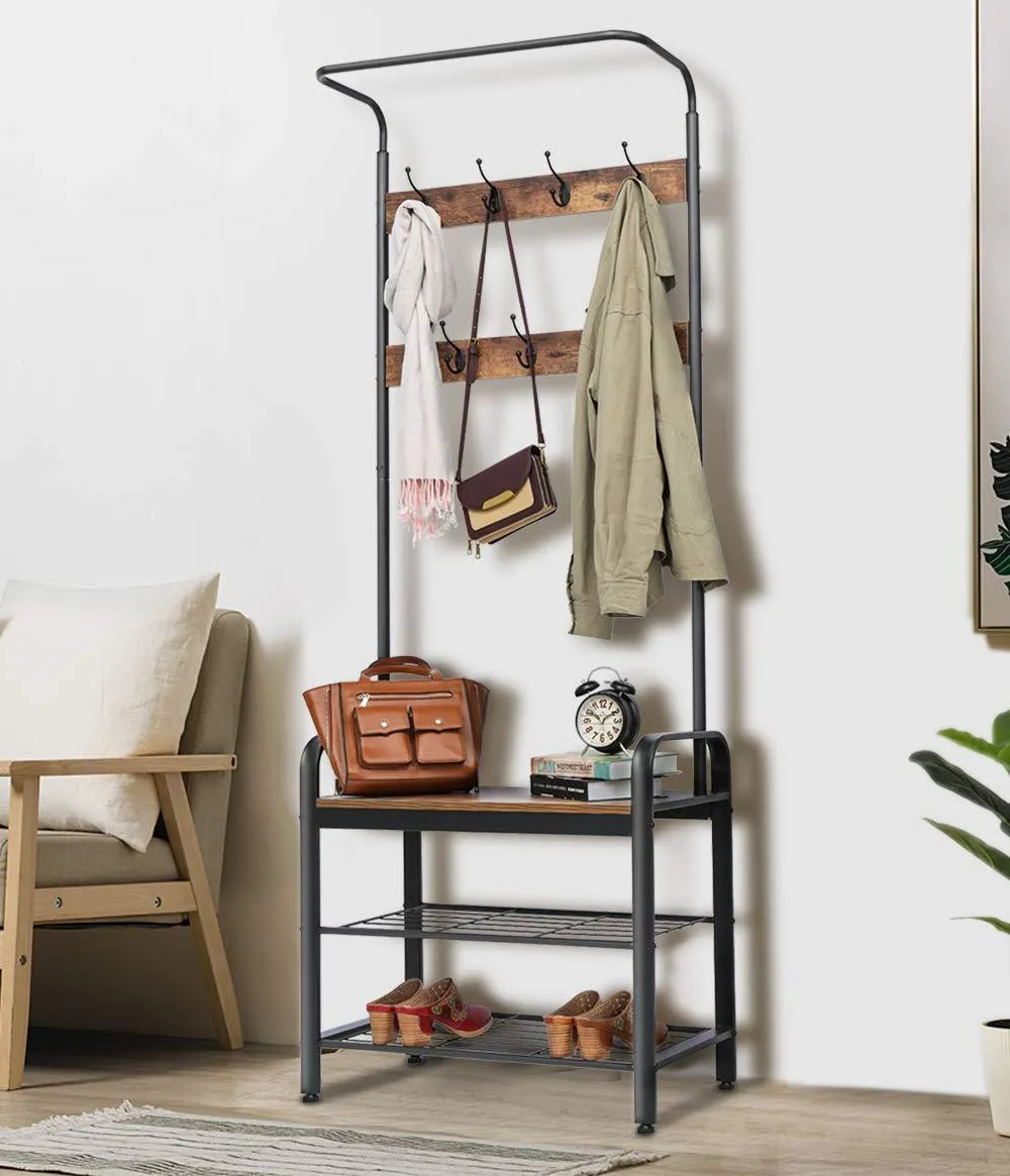 KINGSO Industrial Coat Rack, Hall Tree Entryway Coat Shoe Rack 3-Tier Shoe Bench 7 Hooks, Wood Look Accent Furniture with Stable Metal Frame Easy Assembly