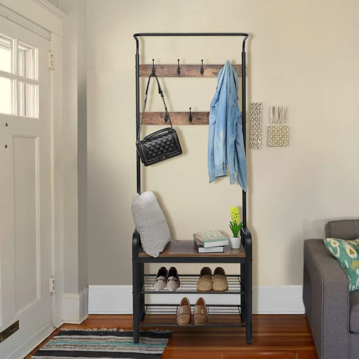 KINGSO Industrial Coat Rack, Hall Tree Entryway Coat Shoe Rack 3-Tier Shoe Bench 7 Hooks, Wood Look Accent Furniture with Stable Metal Frame Easy Assembly