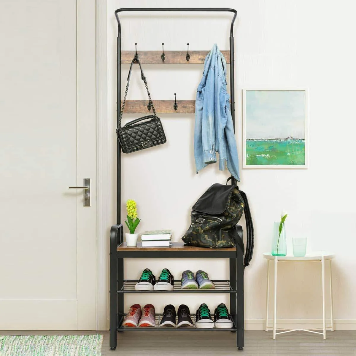 KINGSO Industrial Coat Rack, Hall Tree Entryway Coat Shoe Rack 3-Tier Shoe Bench 7 Hooks, Wood Look Accent Furniture with Stable Metal Frame Easy Assembly