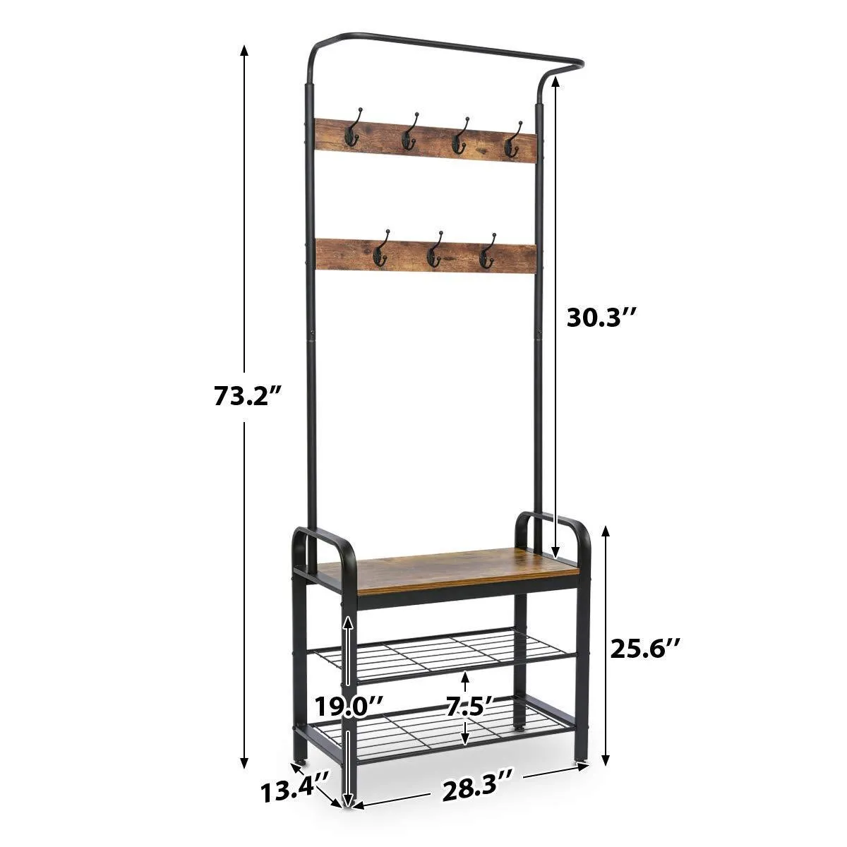KINGSO Industrial Coat Rack, Hall Tree Entryway Coat Shoe Rack 3-Tier Shoe Bench 7 Hooks, Wood Look Accent Furniture with Stable Metal Frame Easy Assembly