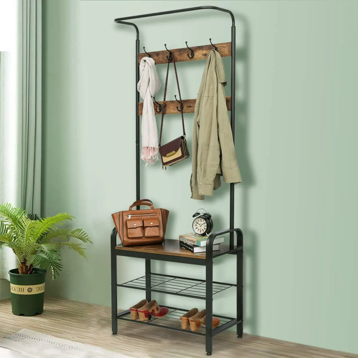 KINGSO Industrial Coat Rack, Hall Tree Entryway Coat Shoe Rack 3-Tier Shoe Bench 7 Hooks, Wood Look Accent Furniture with Stable Metal Frame Easy Assembly