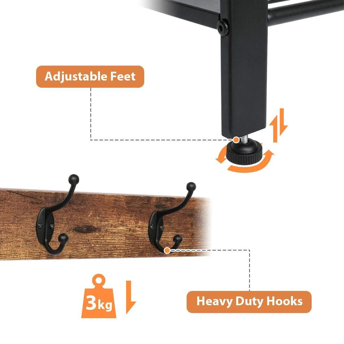 KINGSO Industrial Coat Rack, Hall Tree Entryway Coat Shoe Rack 3-Tier Shoe Bench 7 Hooks, Wood Look Accent Furniture with Stable Metal Frame Easy Assembly