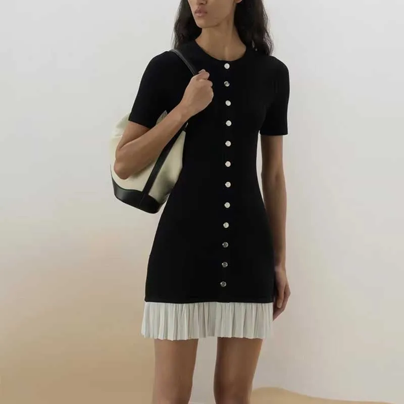 Knitted Short Dress Button-Up Short Sleeve Slim Fit Mini Dress