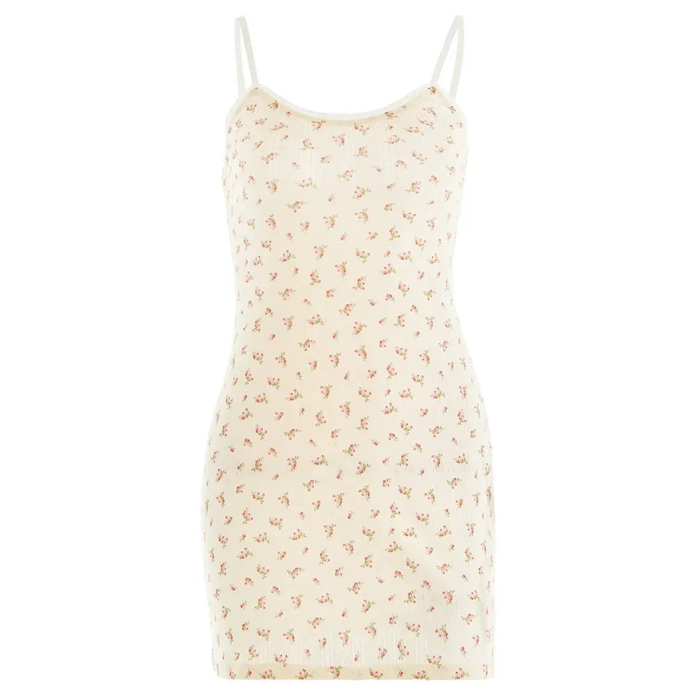Lace Patchwork Floral Slip Mini Dress Hollow Spaghetti Strap Slim Short Dress Casual Loungewear