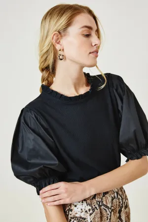 Ladies Ribbed Mock Neck Puff Sleeve Top-Black