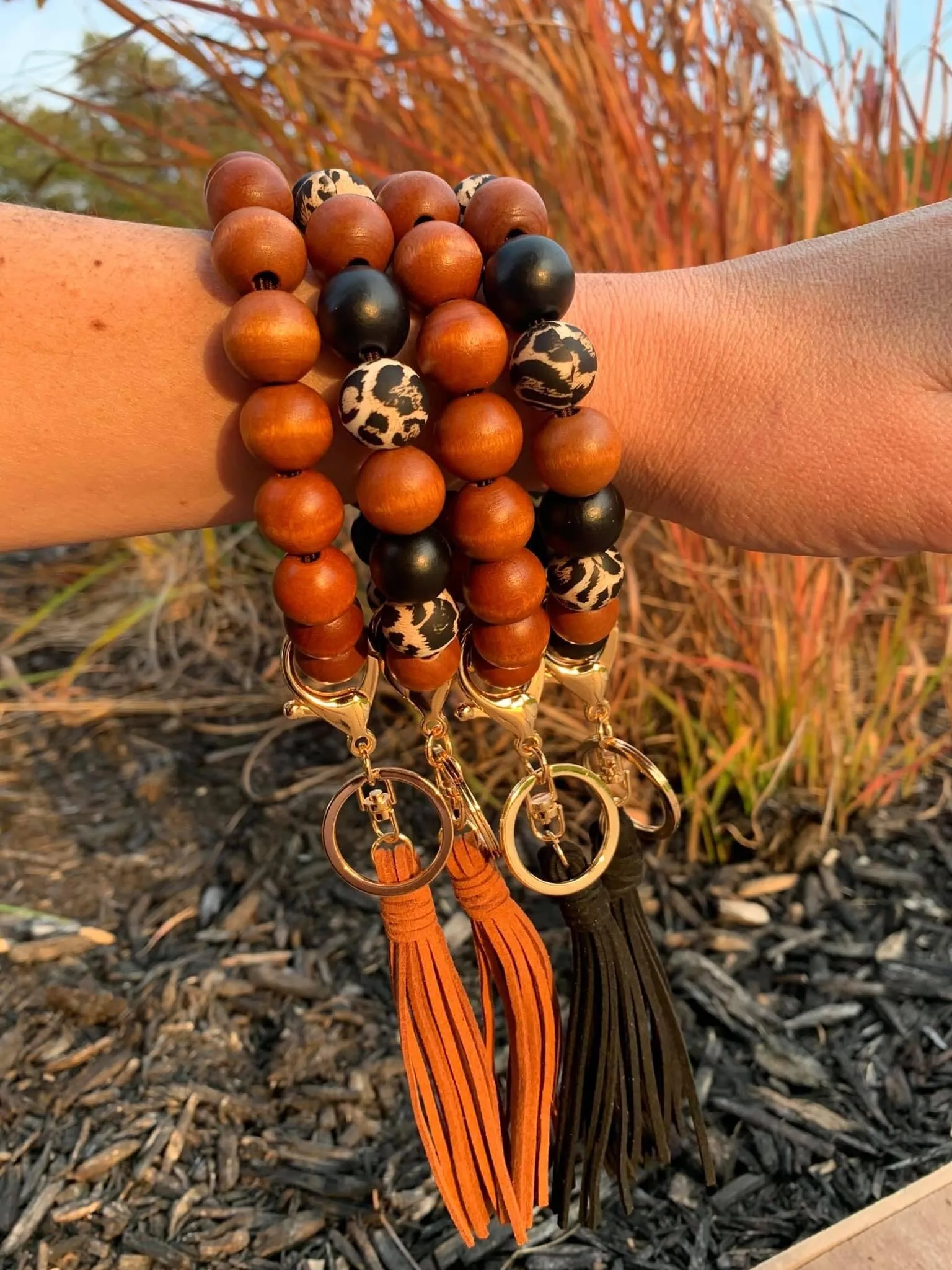 Leopard Wood Bead Keychain with Tassel