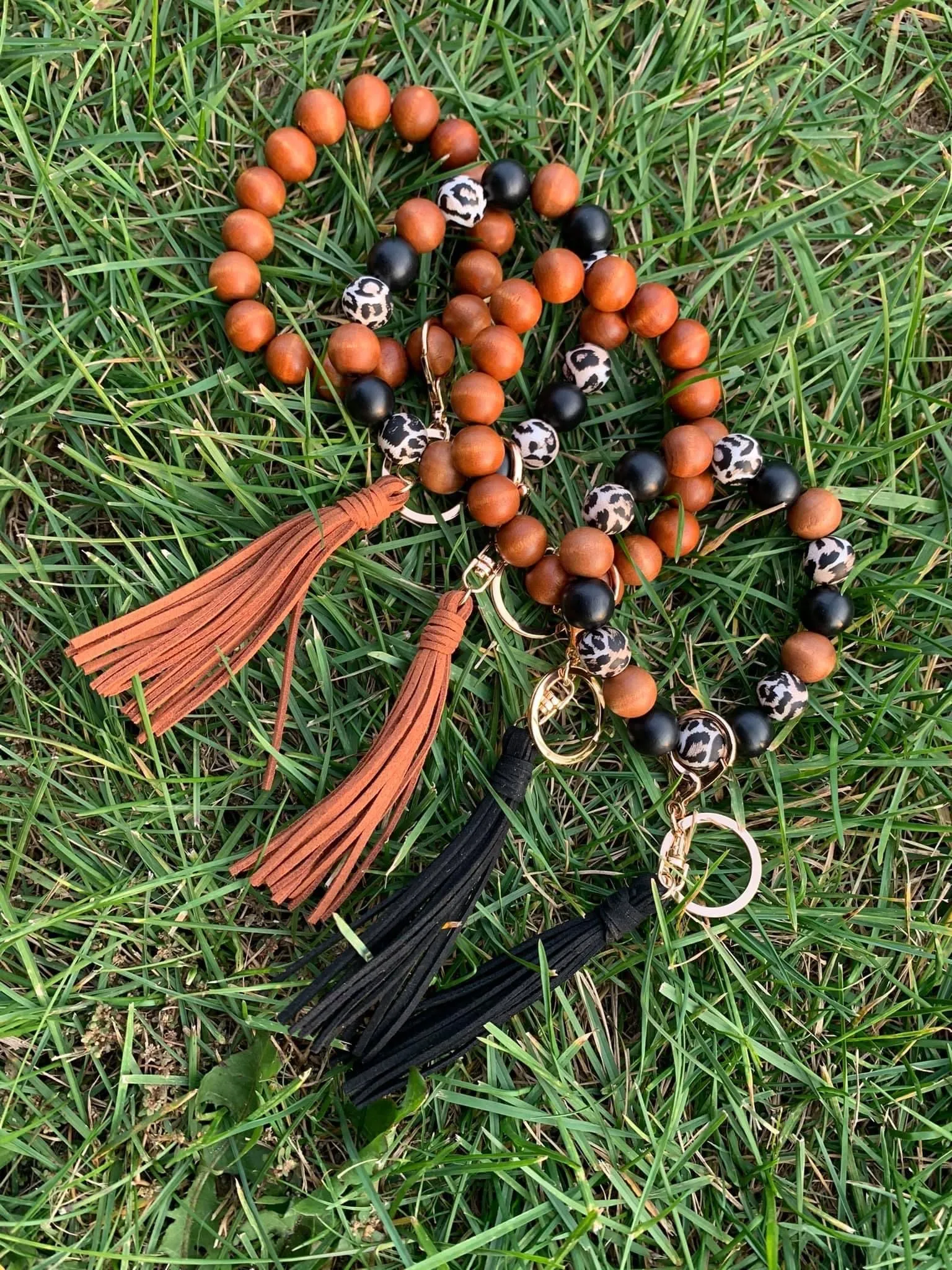 Leopard Wood Bead Keychain with Tassel