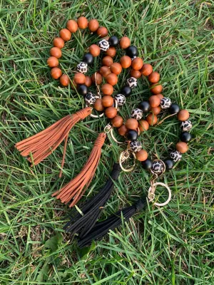 Leopard Wood Bead Keychain with Tassel