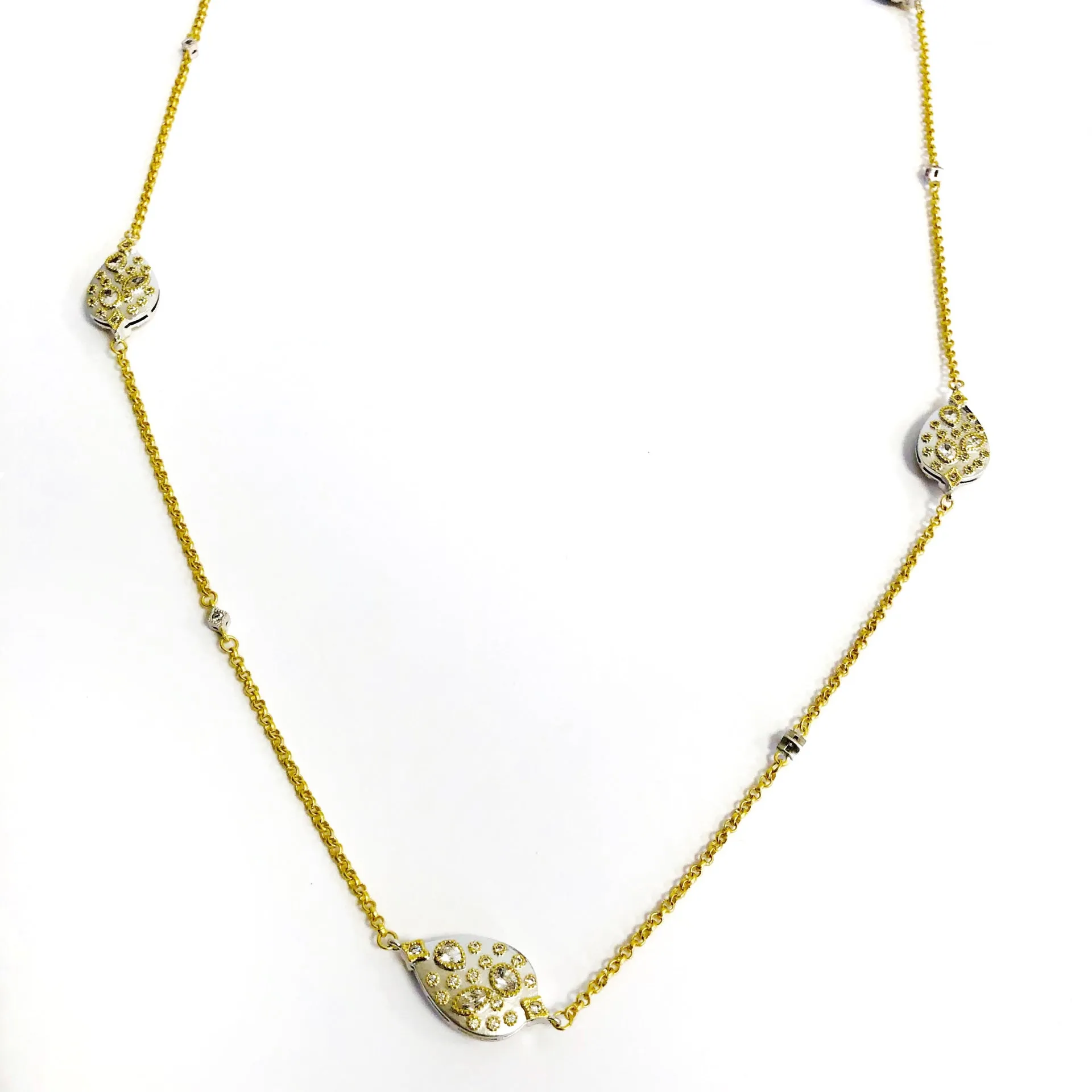 Long Necklace with Crystal Embedded Teardrops- Gold