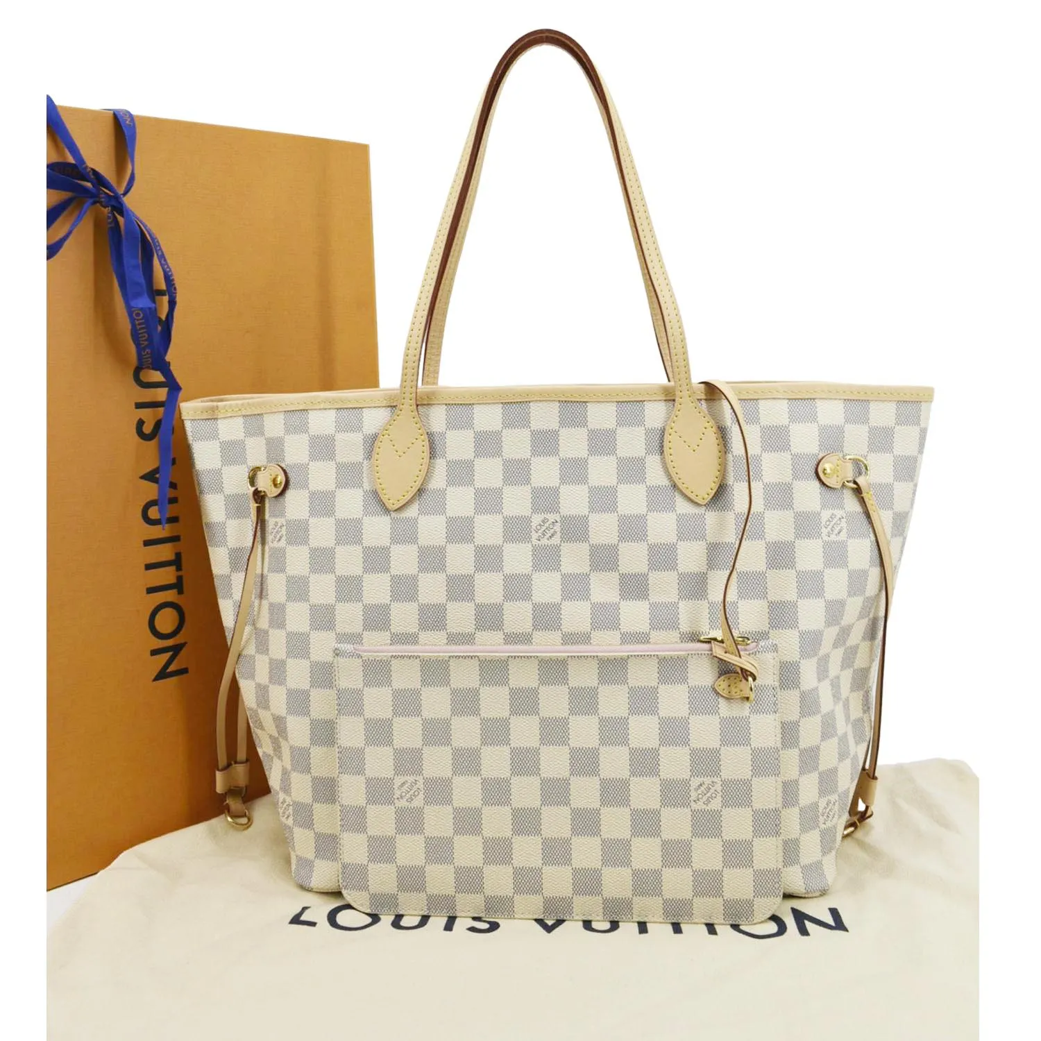 LOUIS VUITTON Neverfull MM Damier Azur Shoulder Bag Rose Ballerine