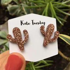 Maroon Rose Gold Cactus Sparkly Acrylic Earrings