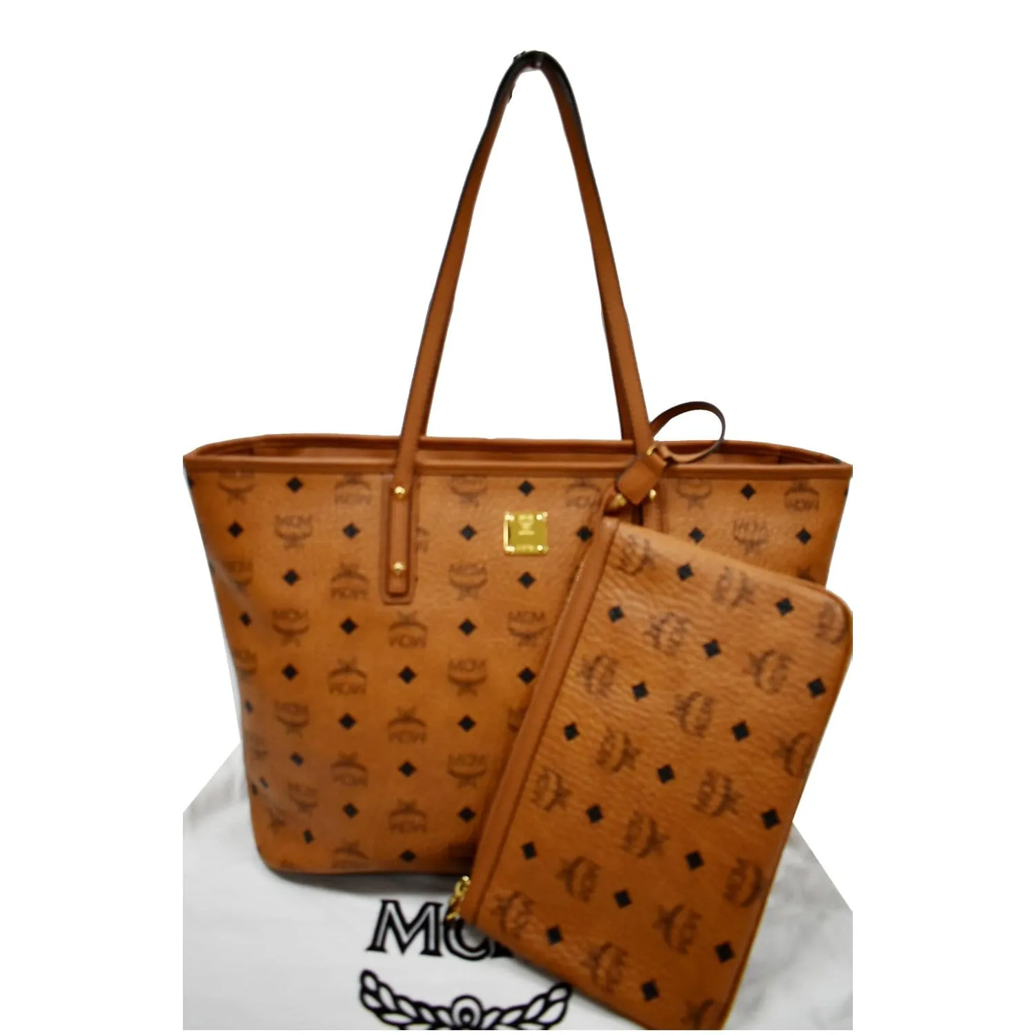 MCM Medium Anya Top Zip Visetos Canvas Shopper Tote Bag Cognac