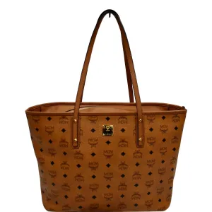 MCM Medium Anya Top Zip Visetos Canvas Shopper Tote Bag Cognac