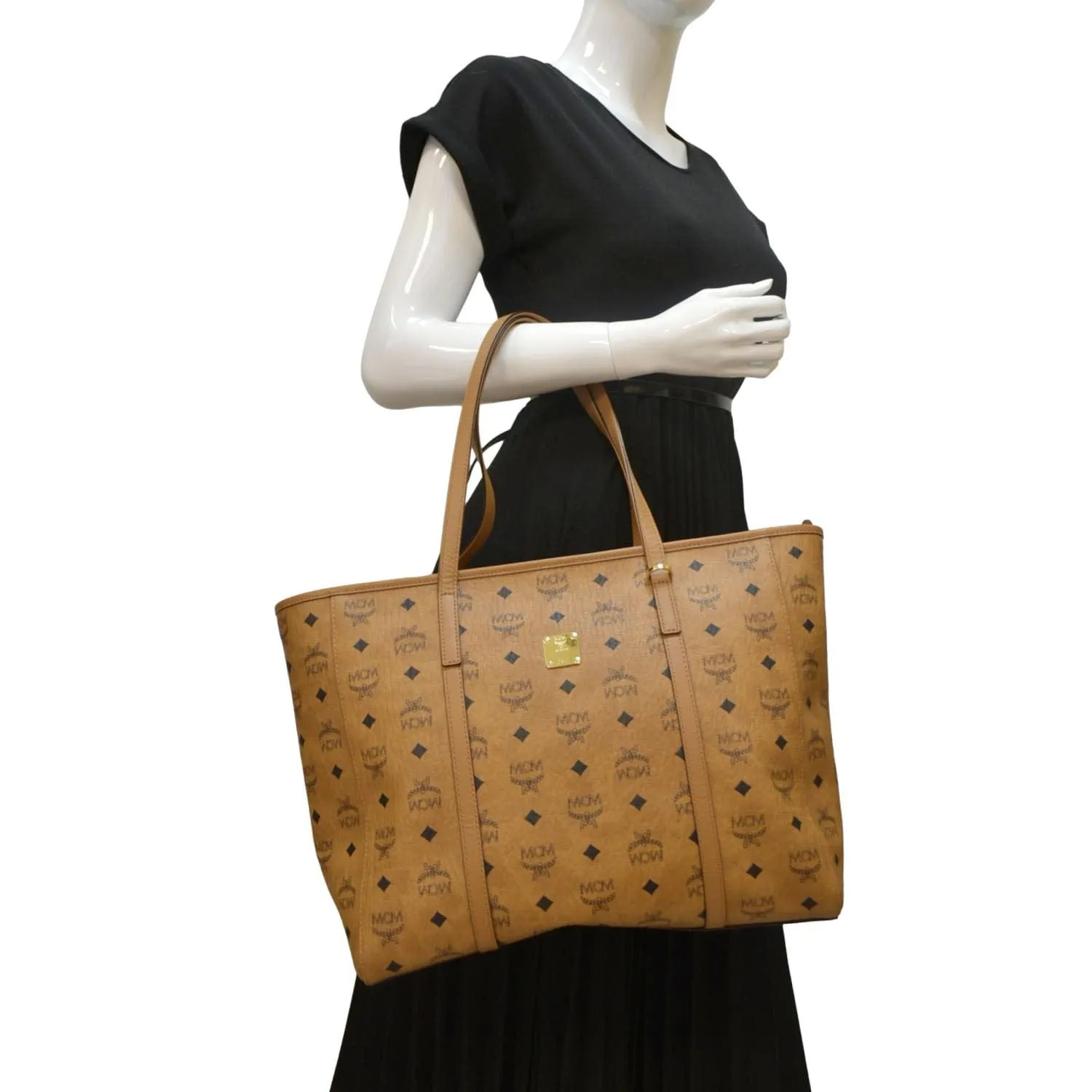 MCM Reversible Liz Medium Visetos Canvas Shopper Tote Bag Cognac
