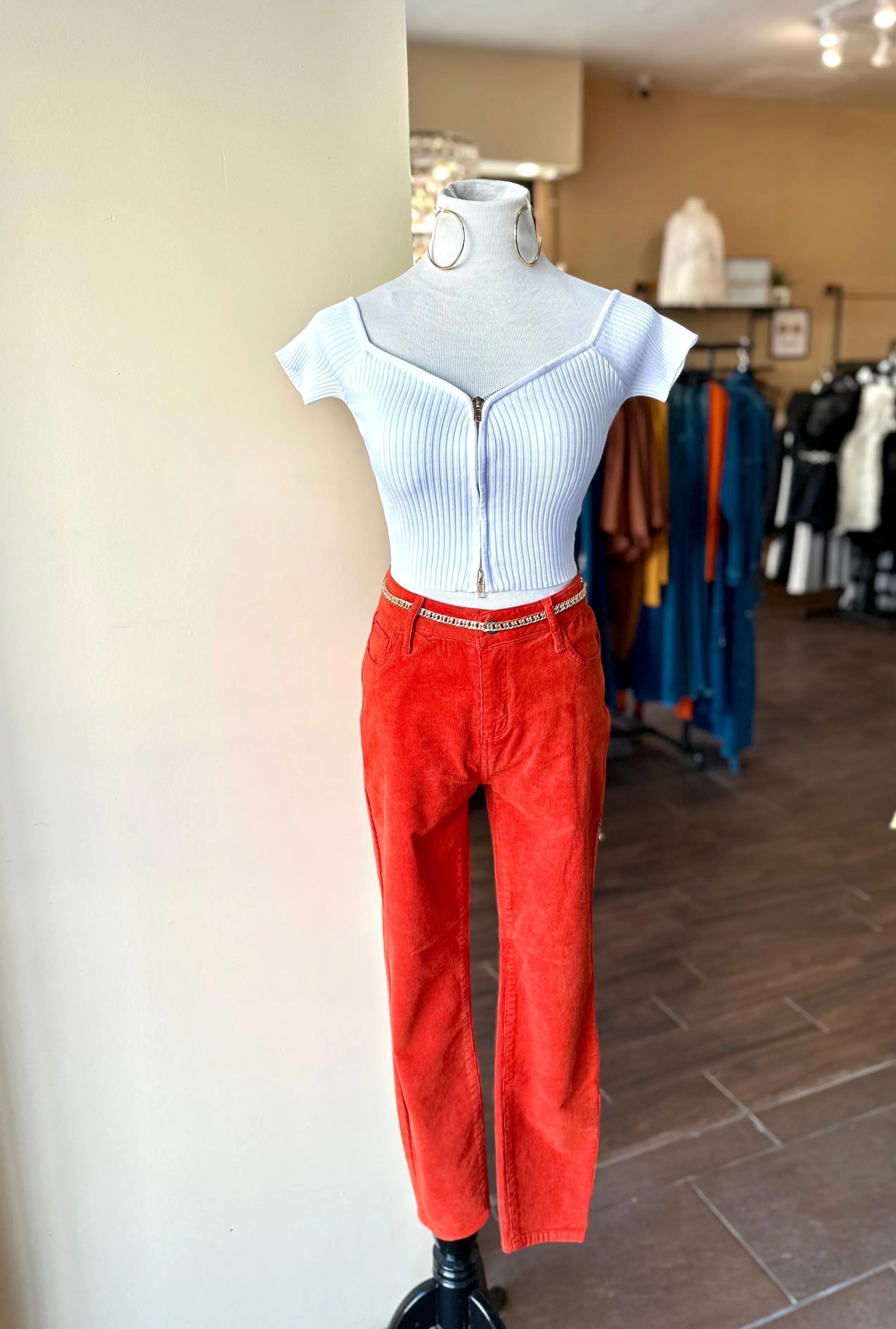 Mid Rise Cognac Corduroy Crop Skinny