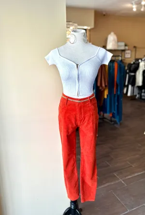 Mid Rise Cognac Corduroy Crop Skinny