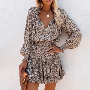Mini Dress for Women Long Lantern Sleeves Vintage Leopard Print Casual V Neck Elastic waist Boho Dress