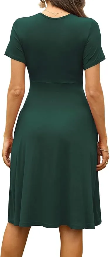 New WEACZZY Summer Dress Women Short Sleeve Casual Dress V-Neck Party Floral Dress for Women with Pockets, Dark Green Sz XL