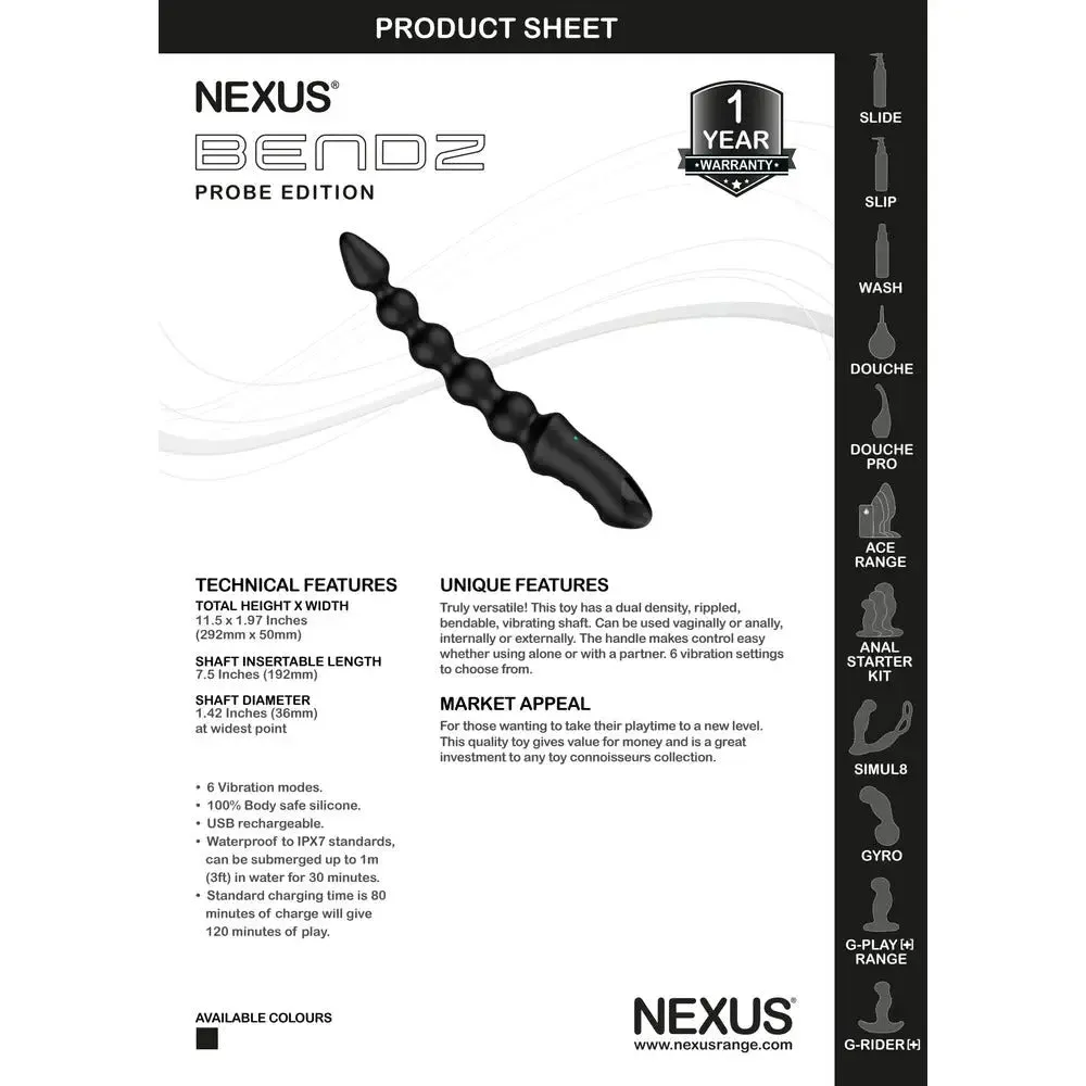 Nexus Silicone Black Bendable Rechargeable Vibrating Anal Probe