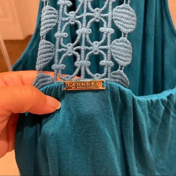 NWT Laundry By Shelli Segal Knit Crocheted back Dress Sz S Blue Green