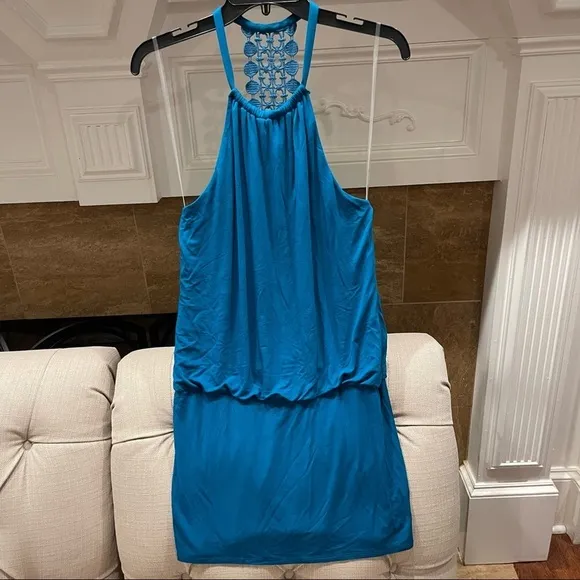 NWT Laundry By Shelli Segal Knit Crocheted back Dress Sz S Blue Green