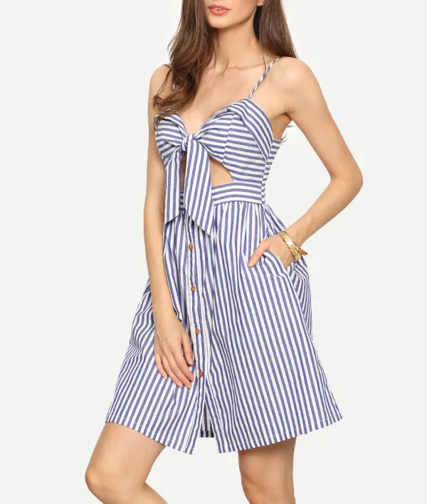 Open Back Strap Blue White Striped Mini Dress