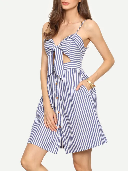 Open Back Strap Blue White Striped Mini Dress