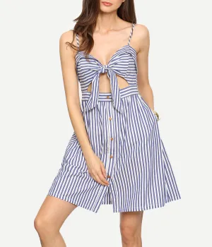 Open Back Strap Blue White Striped Mini Dress