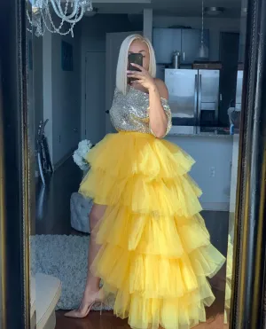 Oyemwen Tiered High Low Tulle Maxi Tutu Skirt Yellow (Top and Skirt Set)