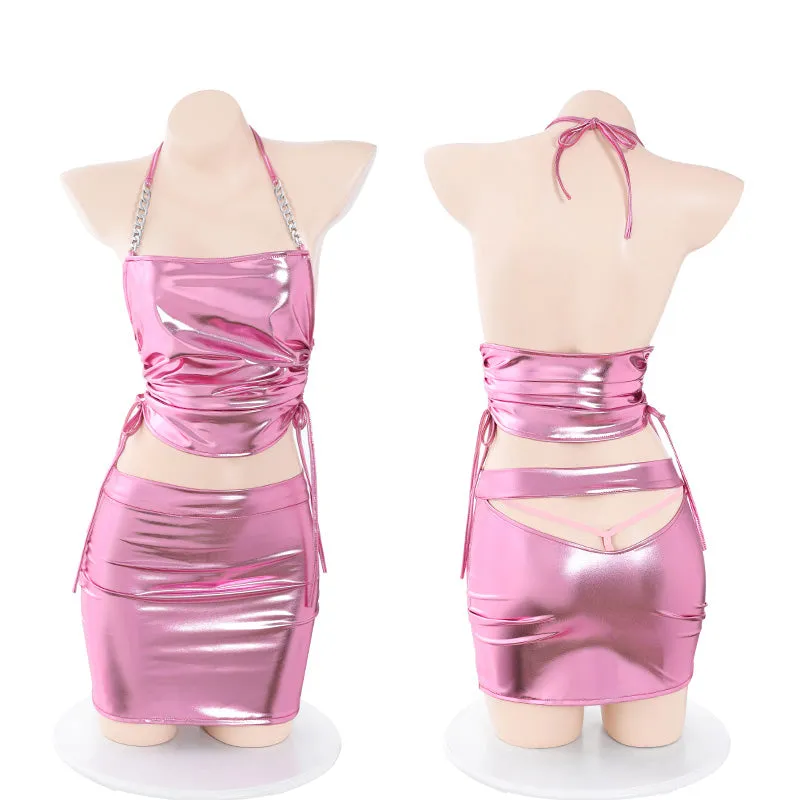Pink Glossy Suspender Skirt UB98684