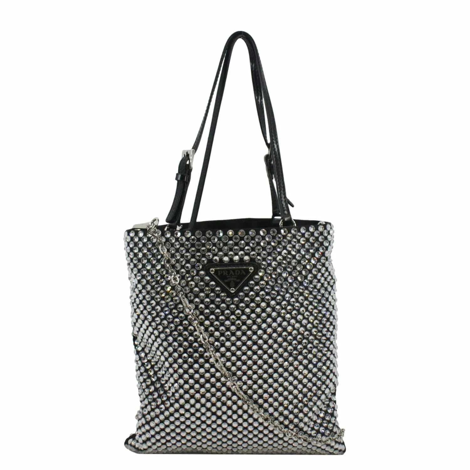 PRADA Chain Flat Mini Crystal Embellished Satin Tote Bag Silver