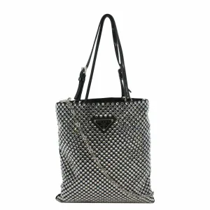 PRADA Chain Flat Mini Crystal Embellished Satin Tote Bag Silver