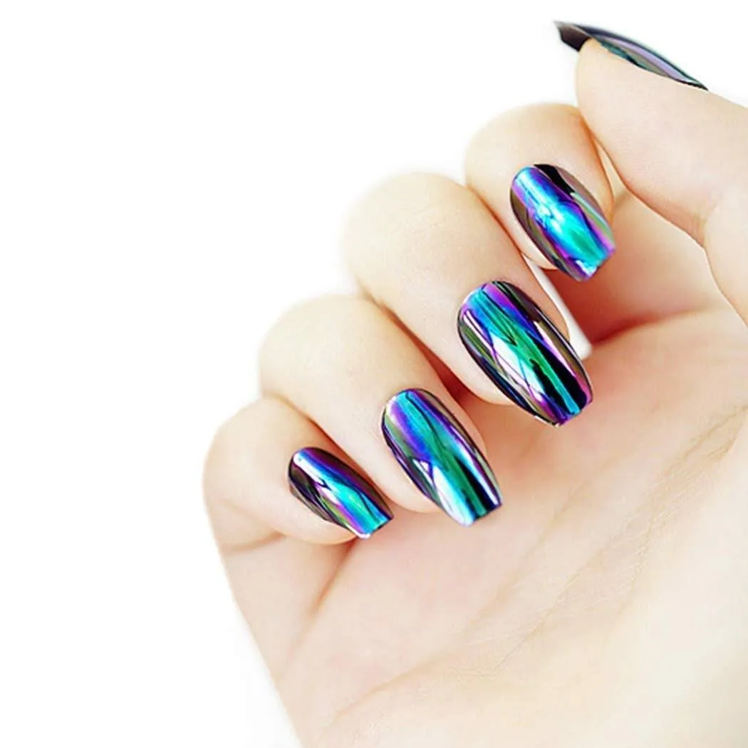 Press On Nails Blue Chrome Glossy Coffin Nail Kit