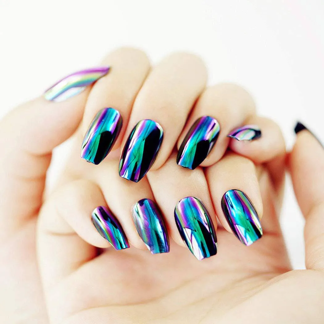 Press On Nails Blue Chrome Glossy Coffin Nail Kit