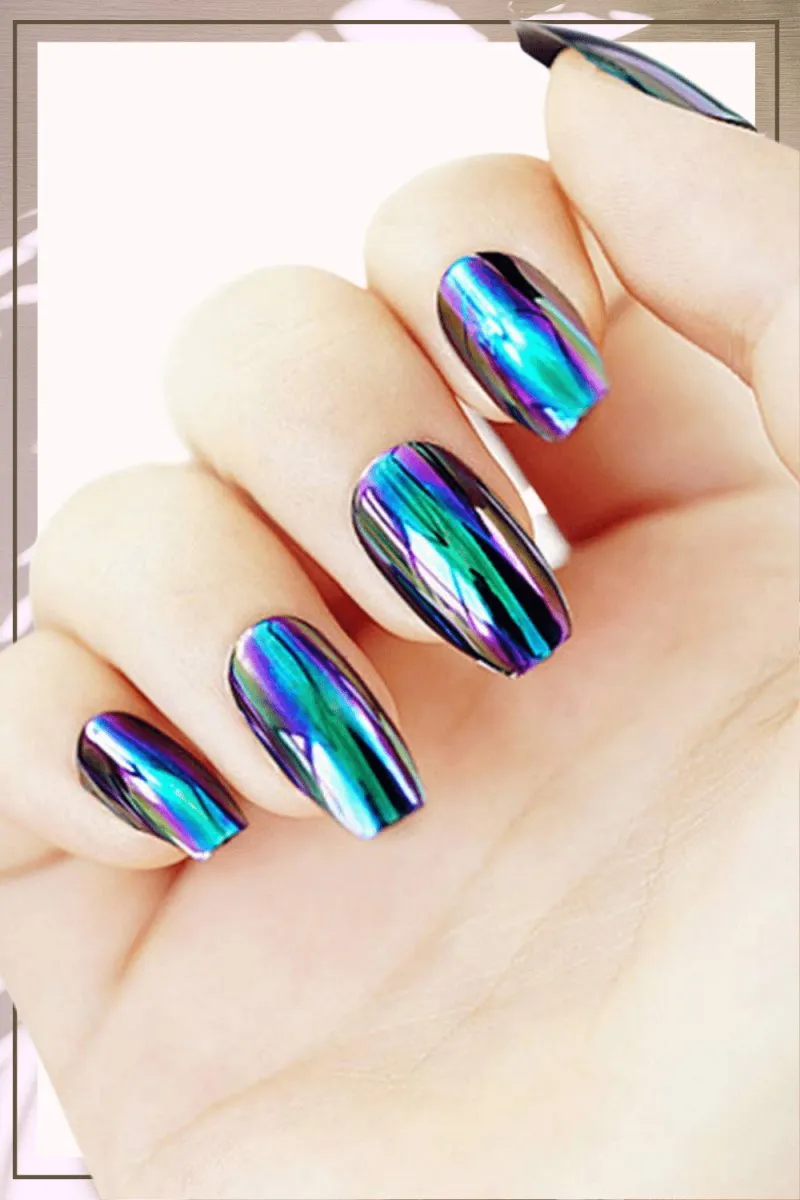 Press On Nails Blue Chrome Glossy Coffin Nail Kit
