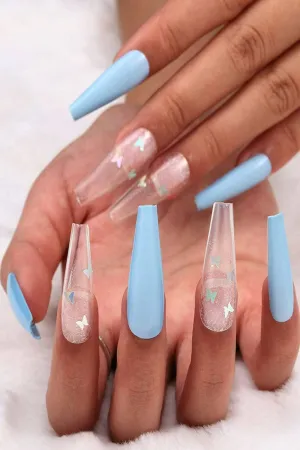 Press On Nails Matte Glossy Neon French Tip Coffin Nail Kit - Blue & Clear